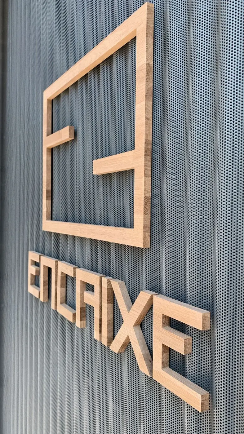 Detalle del logotipo corpóreo de Encaixe en madera