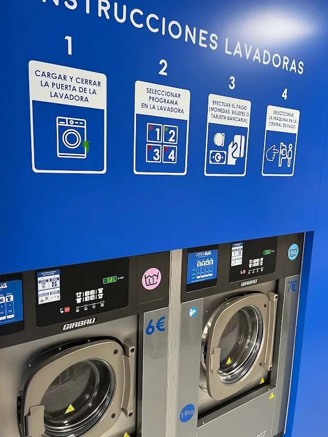 Instrucciones de las lavadoras en cuatro pasos sobre la pared azul