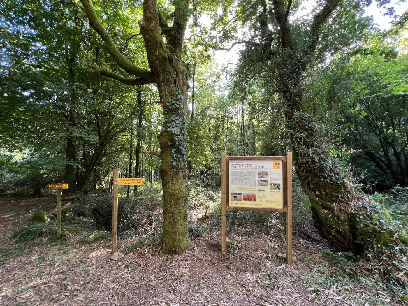Panel interpretativo de la Levada do Quinteiro junto a las señales direccionales de la ruta, en un bosque